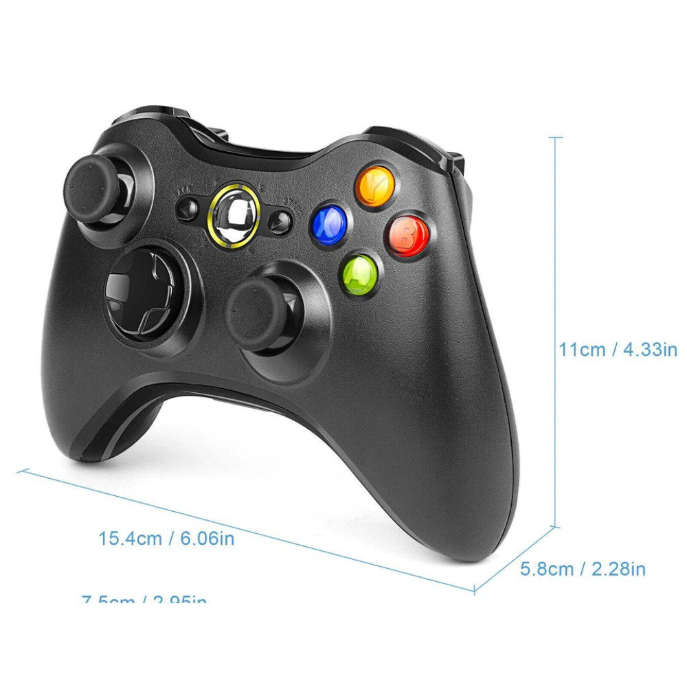 Control Xbox 360 inalámbrico, mando negro con dimensiones, ideal para juegos en consola.