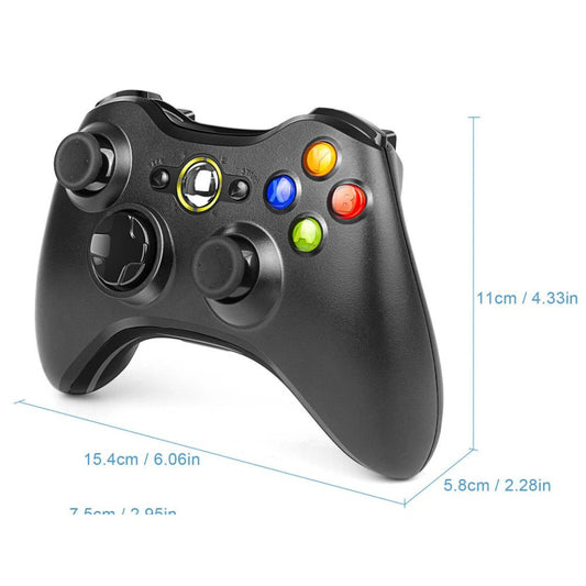 Control Xbox 360 inalámbrico, mando negro con dimensiones, ideal para juegos en consola.