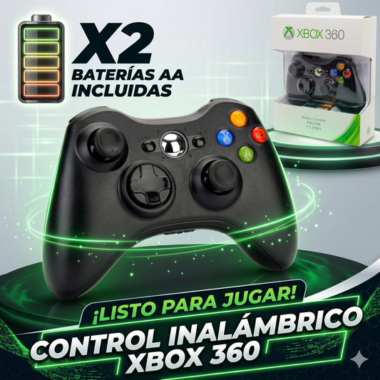 Control Xbox 360 inalámbrico con baterías AA incluidas, listo para jugar, diseño ergonómico y controles intuitivos.