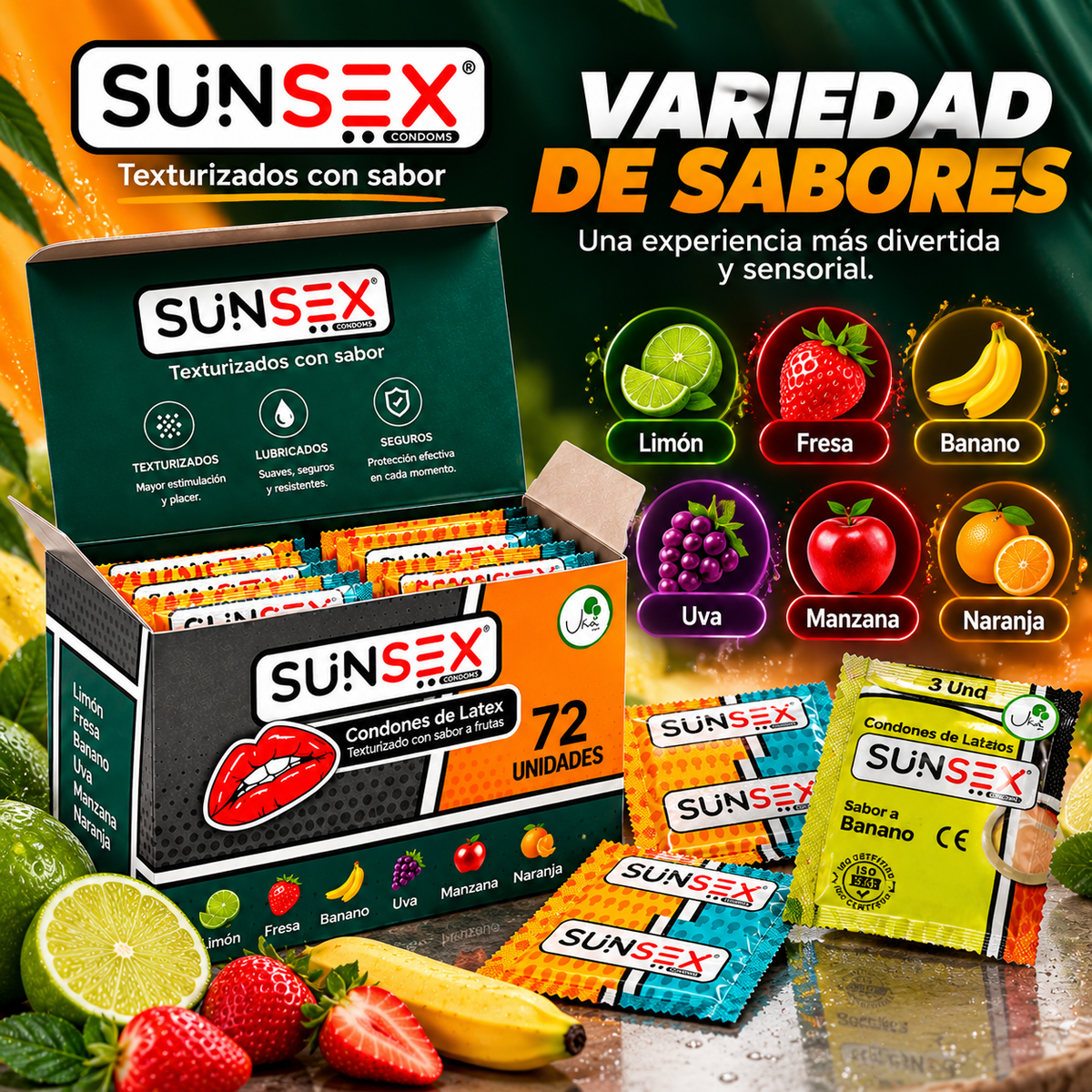 Condones SUNSEX Texturizados con Sabores (72 Unidades) - INSTALL - STOREINSTALL - STORE